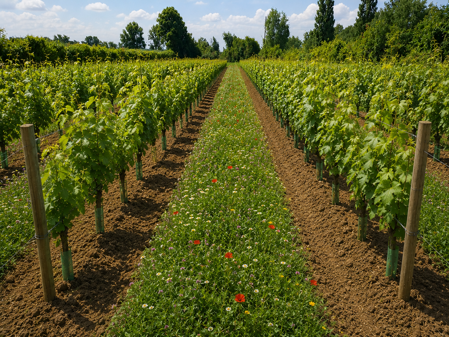 Rows of vines across a countryside slope
